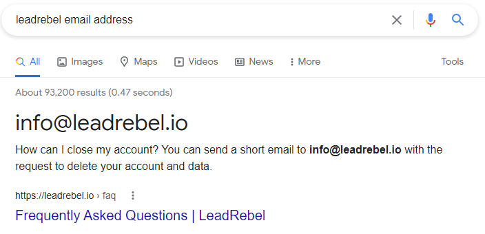 Example of how Google shows leadRebel email address