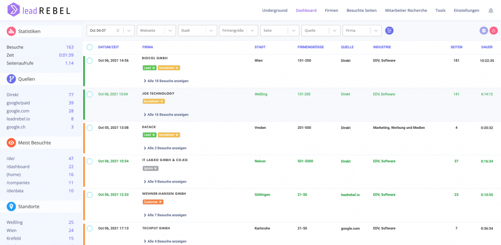 Website Besucher identifizieren -LeadRebel Dashboard