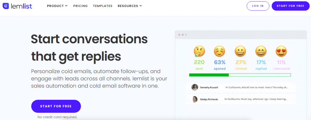 lemlist landing page of cold mail software