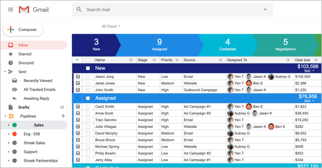 streak cold email software dashboard